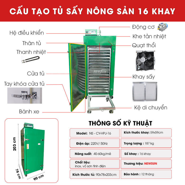 Cấu tạo tủ sấy nông sản 16 khay 