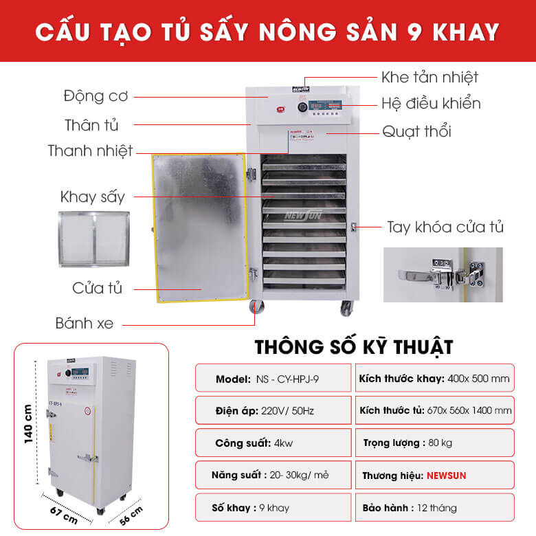 Cấu tạo tủ sấy nông sản 9 khay 