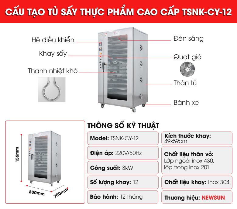 Cấu tạo chi tiết của máy sấy thực phẩm cao cấp CY-12