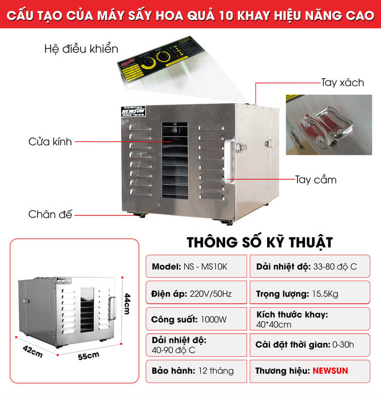 Cấu tạo của tủ sấy hoa quả hiệu năng cao 10 khay