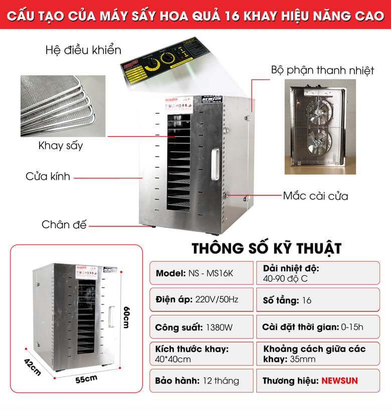 Cấu tạo của máy sấy hoa quả 16 khay hiệu năng cao