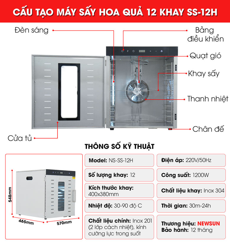 Cấu tạo máy sấy hoa quả 12 khay SS-12H