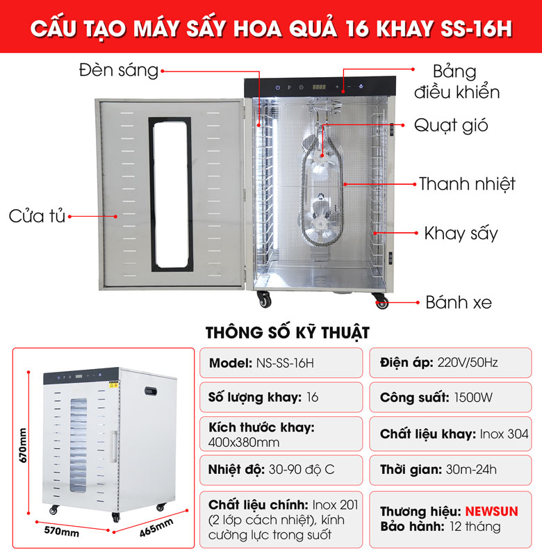 Cấu tạo máy sấy hoa quả 16 khay SS-16H