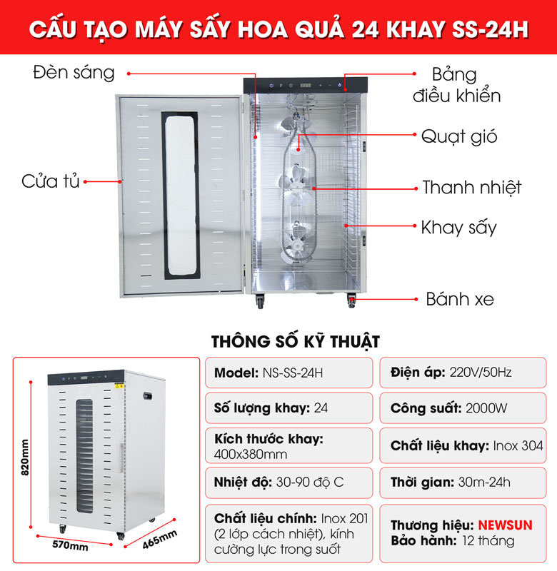 Cấu tạo máy sấy hoa quả 24 khay SS-24H