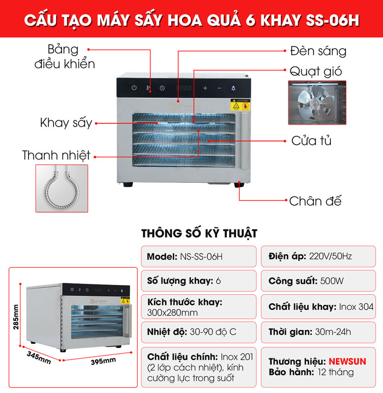 Cấu tạo máy sấy hoa quả 6 khay SS-06H