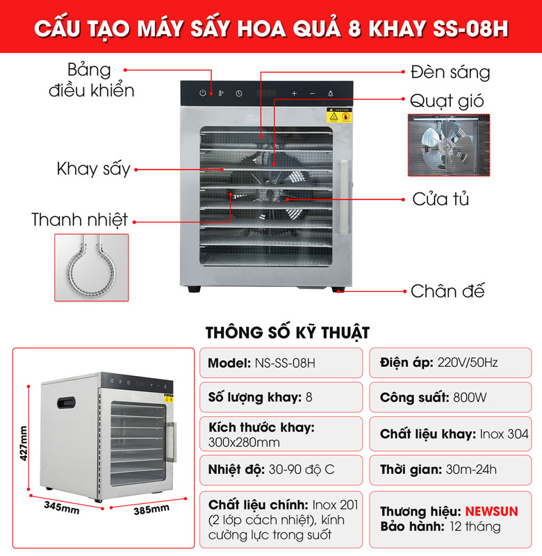 Cấu tạo máy sấy hoa quả SS-08H uy tín