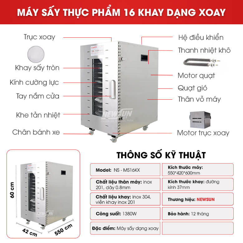 Máy sấy thực phẩm 16 khay dạng xoay