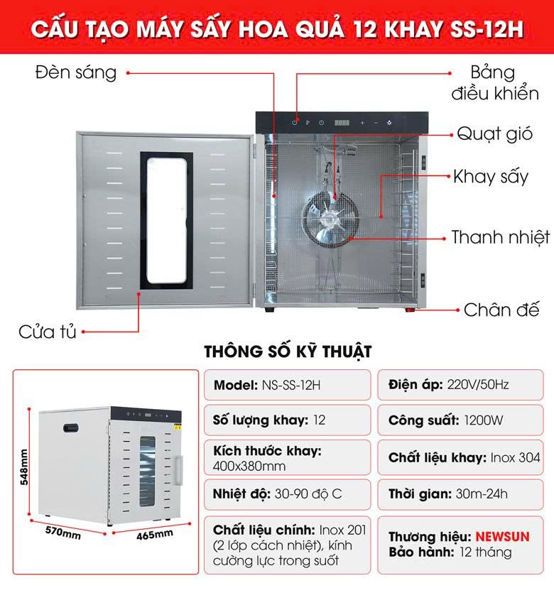 Máy Sấy Hoa Quả 2 Lớp 12 Khay SS-12H (Bảng Điện Tử) Cấu tạo máy sấy hoa quả 12 khay SS-12H