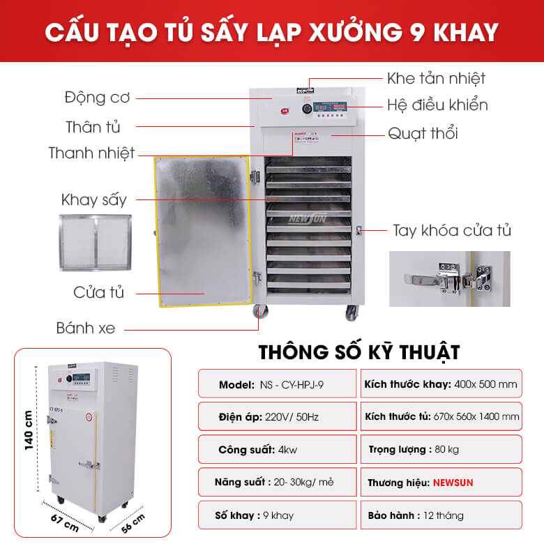 Cấu tạo của tủ sấy lạp xưởng 9 khay