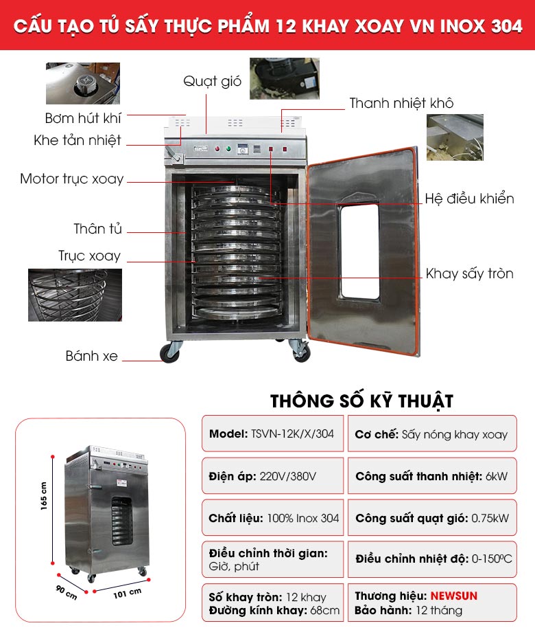 Chi tiết cấu tạo máy sấy thực phẩm 12 khay xoay