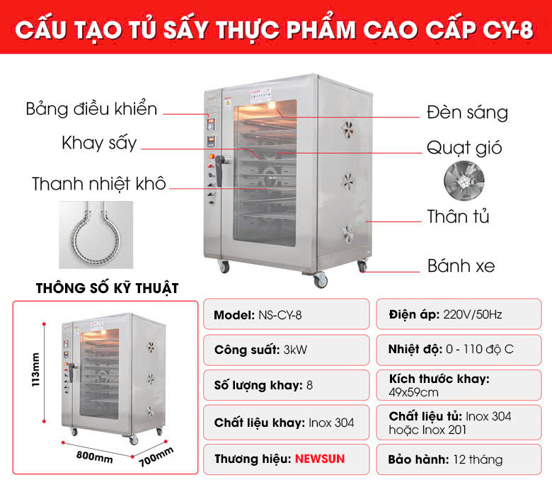 Cấu tạo tủ sấy thực phẩm CY-8 Cấu tạo tủ sấy thực phẩm CY-8