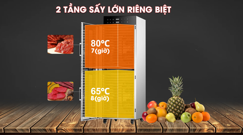 2 tầng sấy lớn riêng biệt có thể sấy nhiều loại nguyên liệu cùng một lúc