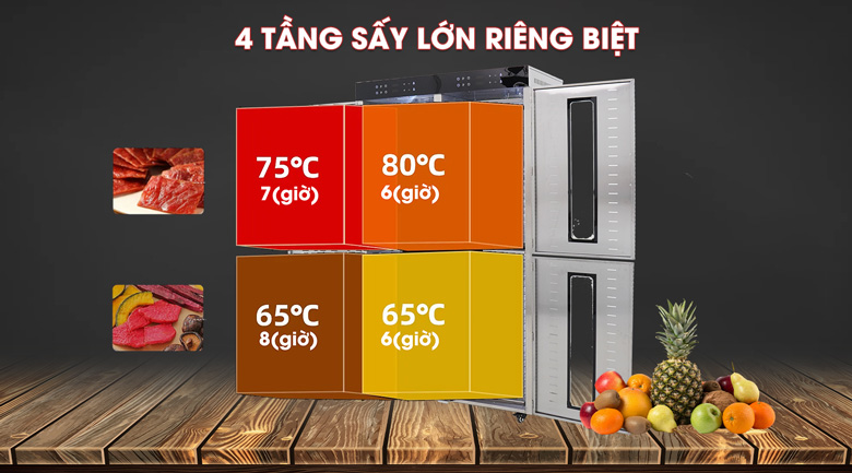 4 khoang sấy độc lập cho khả năng sấy nhiều thực phẩm cùng một lúc