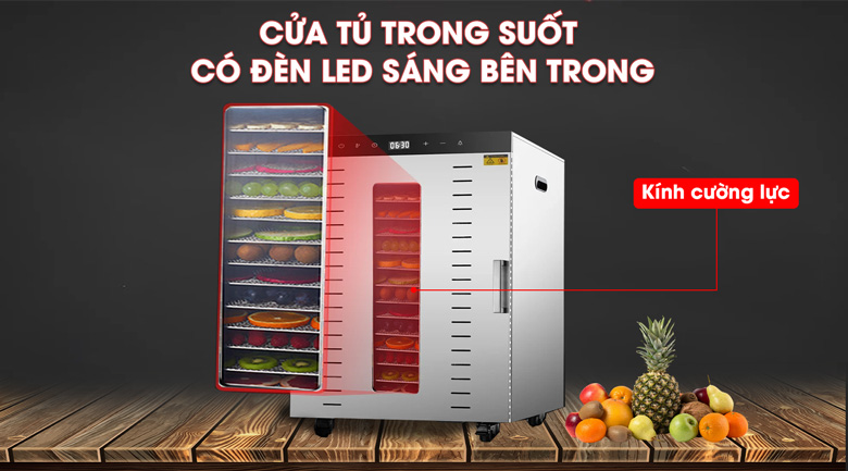 Cửa tủ được trang bị tấm kính cường lực trong suốt có đèn led sáng bên trong