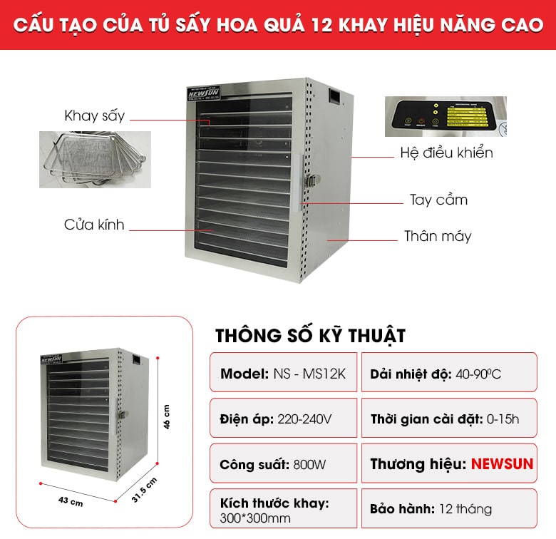 Cấu tạo của tủ sấy hoa quả 12 khay hiệu năng cao