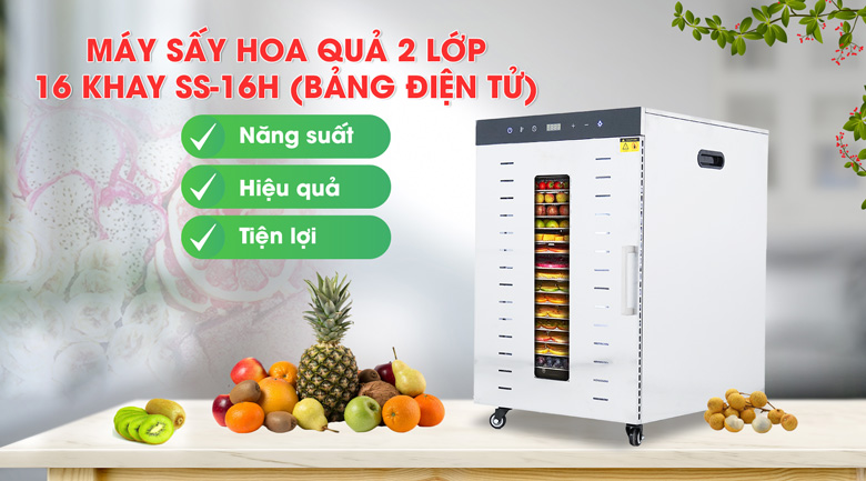 Máy sấy hoa quả 2 lớp 16 khay SS-16H (bảng điện tử) NEWSUN uy tín