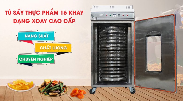 Máy sấy thực phẩm 16 khay xoay cao cấp