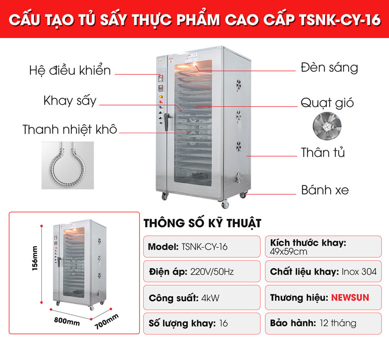 Cấu tạo của tủ sấy thực phẩm cao cấp CY-16