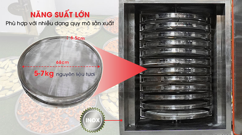 Máy được trang bị 12 khay sấy tròn đường kính 680mm