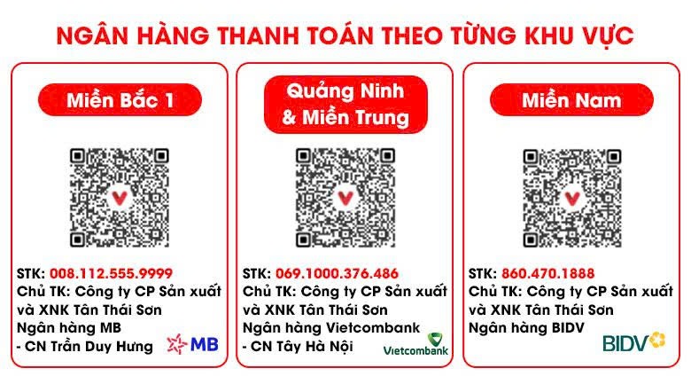 Quý khách vui lòng chuyển khoản theo ngân hàng tương ứng với khu vực 