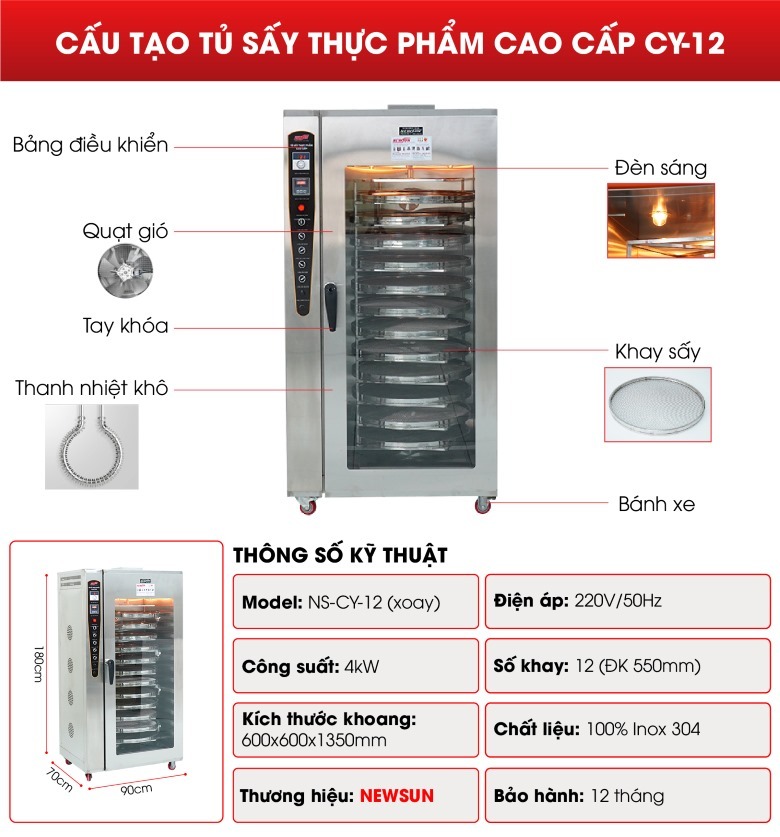 Cấu tạo chi tiết của máy sấy thực phẩm 12 khay xoay CY-12 cao cấp Cấu tạo chi tiết của máy sấy thực phẩm 12 khay xoay CY-12 cao cấp