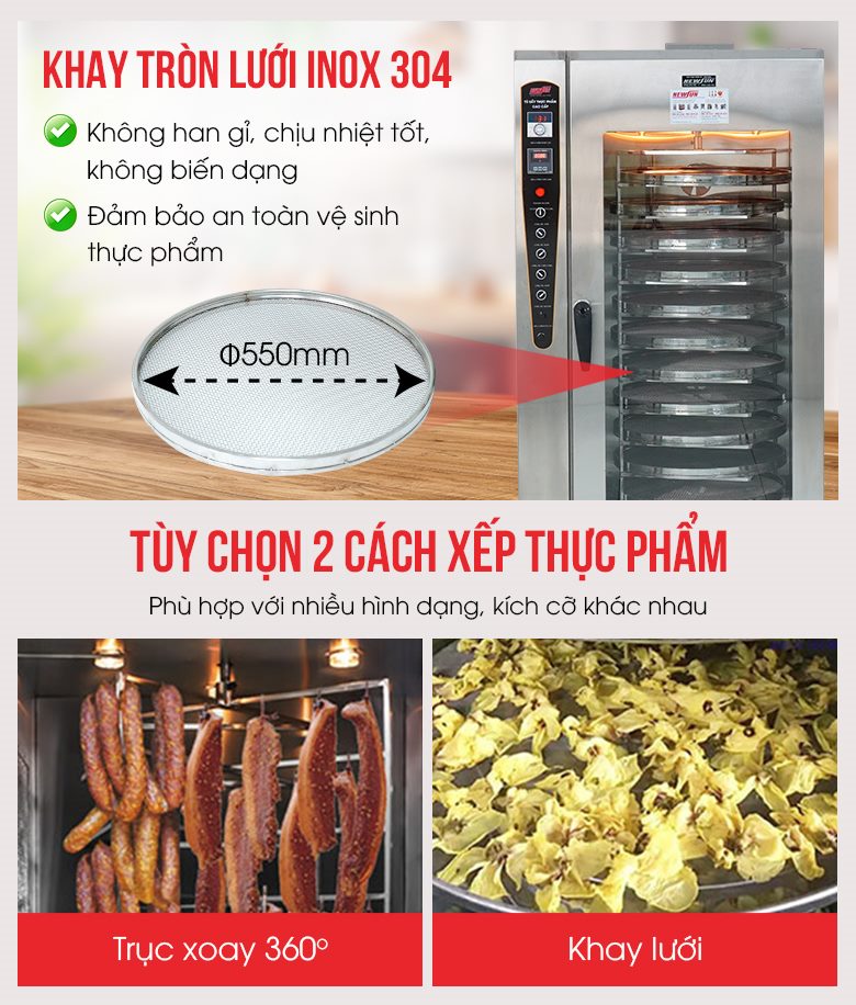 Tùy chọn 2 cách xếp thực phẩm: trục xoay và khay tròn inox Tùy chọn 2 cách xếp thực phẩm: trục xoay và khay tròn inox