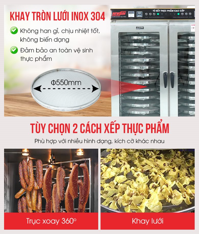 Xếp thực phẩm lên khay sấy hoặc treo trực tiếp lên trục xoay Xếp thực phẩm lên khay sấy hoặc treo trực tiếp lên trục xoay